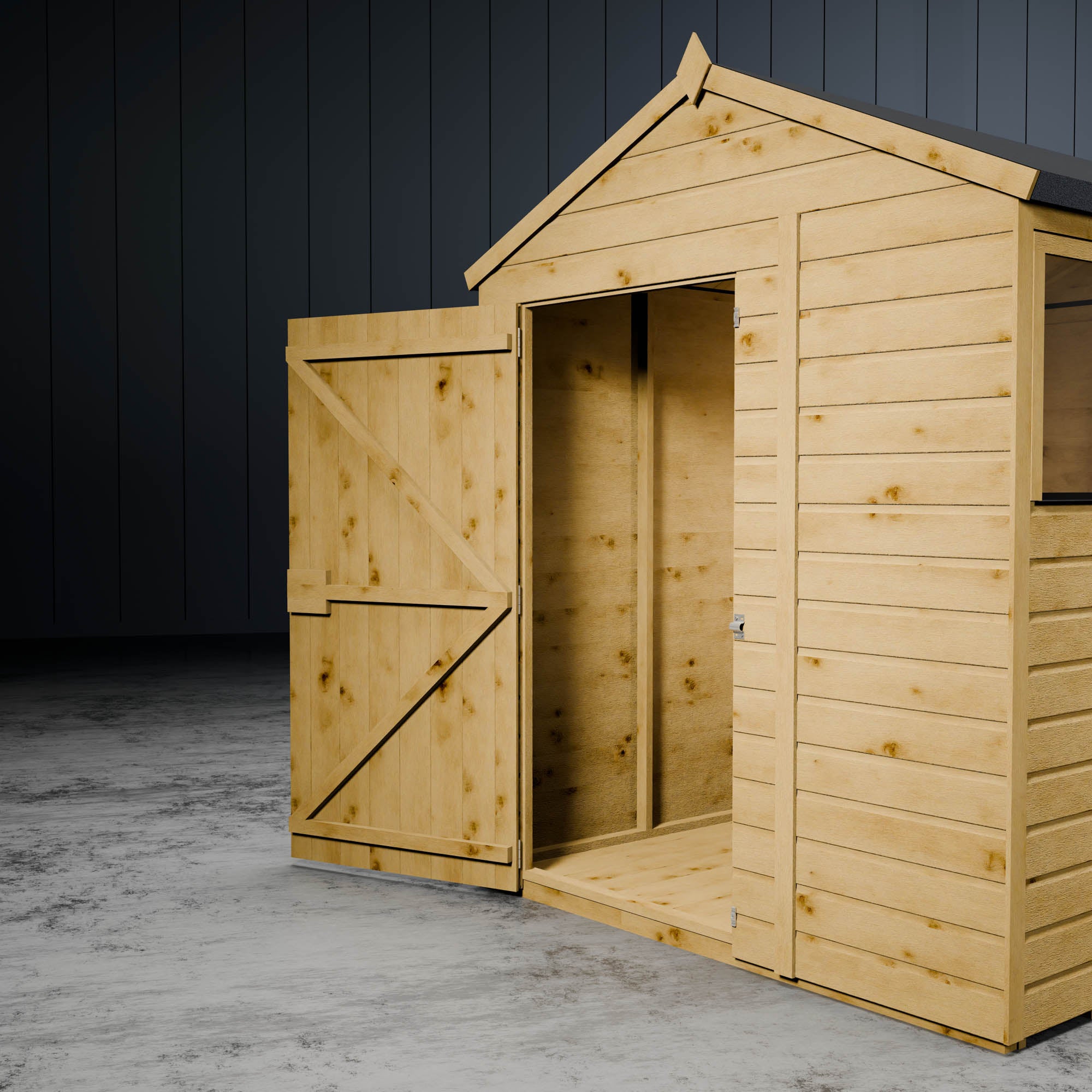 Wooden shiplap shed with open door and z-frame with an apex roof.