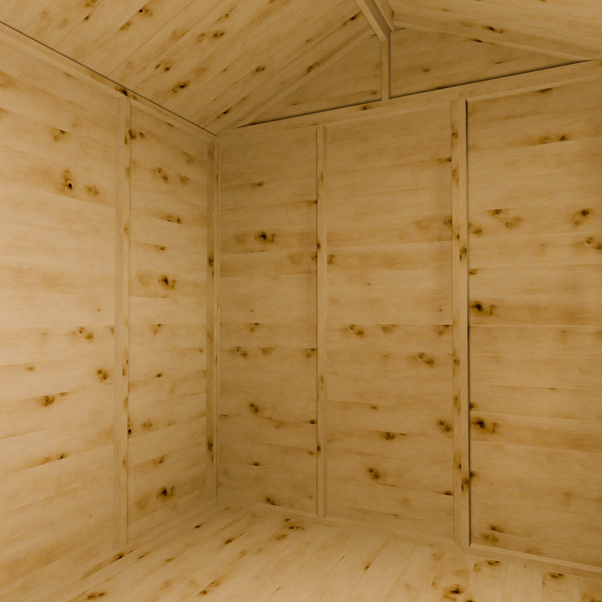 Wooden shed interior with an apex roof