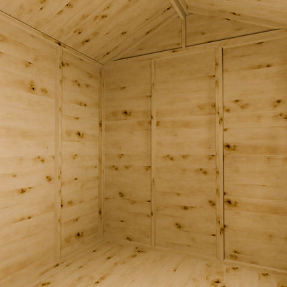 Wooden shed interior with an apex roof