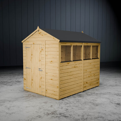 Wooden shiplap apex shed with styrene windows on a metallic background