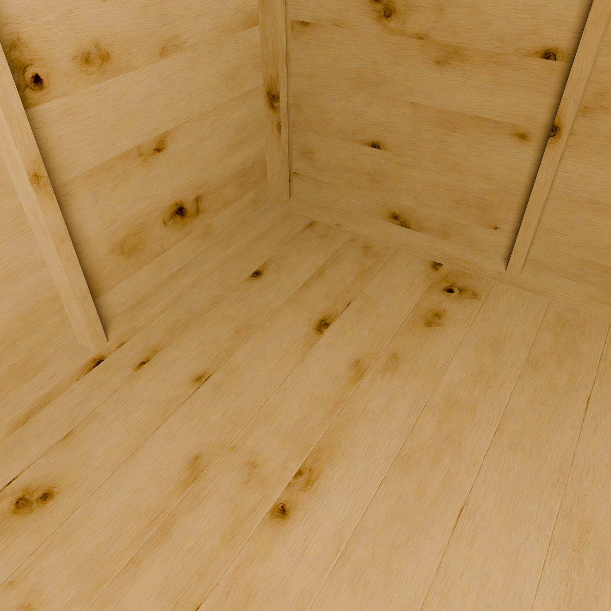 Close-up of a wooden shed floor with visible grain and knots