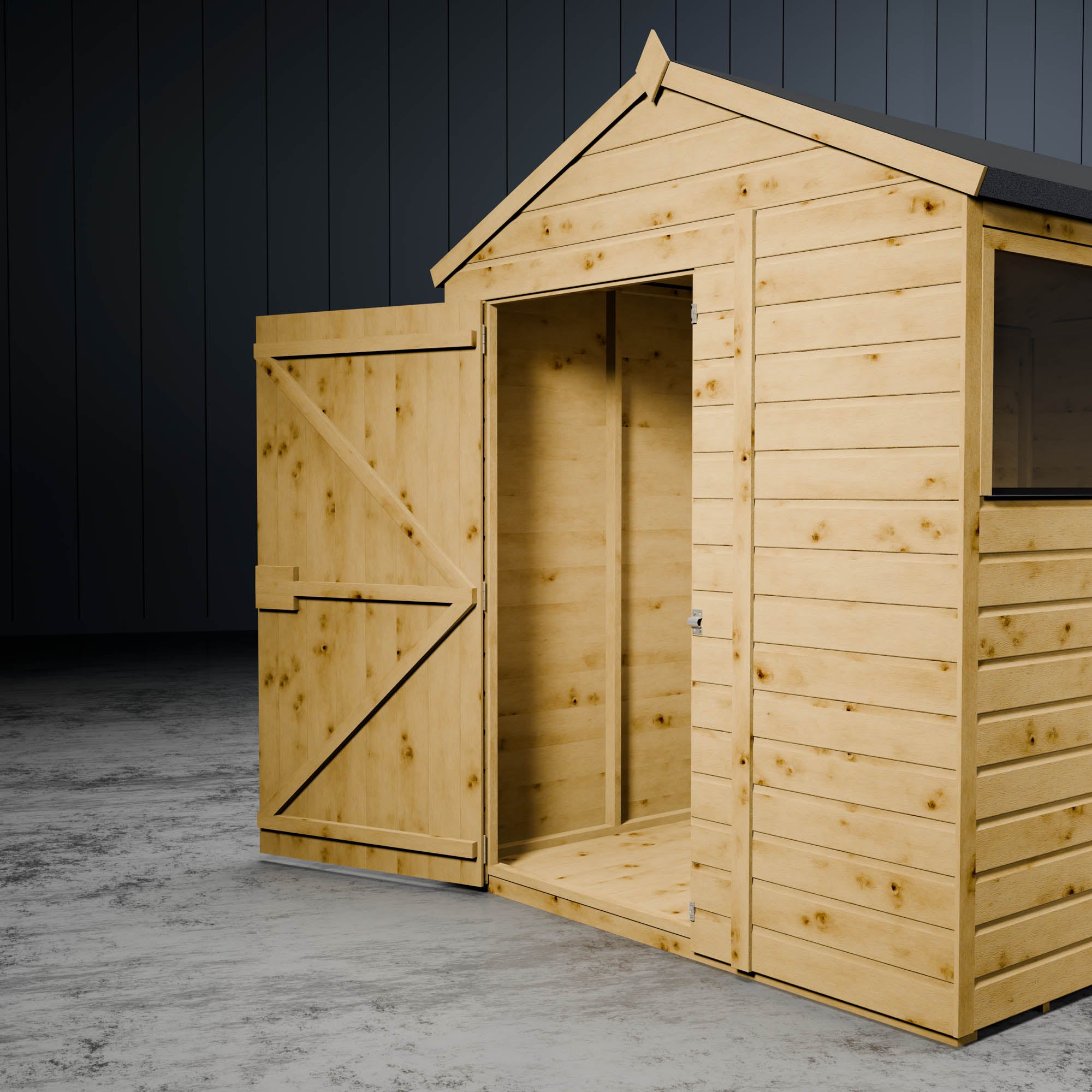 Wooden shiplap apex cladding with open door z-frame and spacious interior on a dark background.