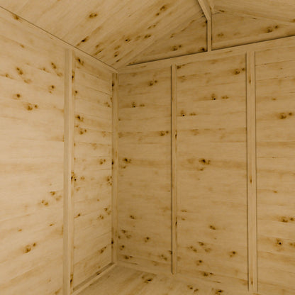 Wooden shed interior with an apex roof