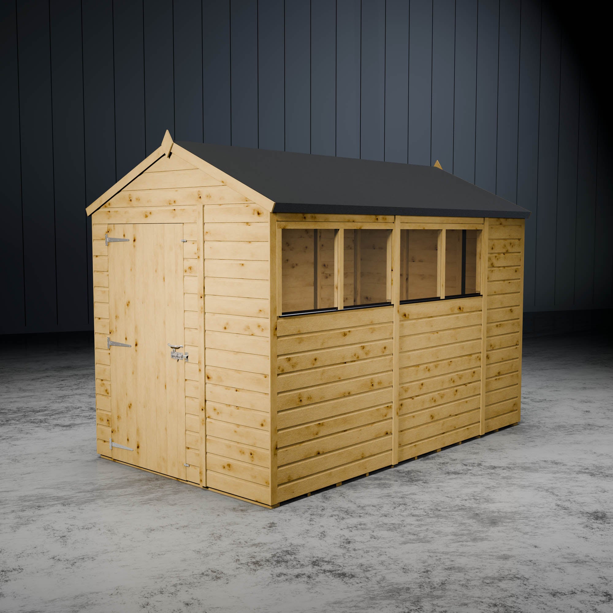 Wooden shiplap apex shed with styrene windows and a single door in a metallic setting.