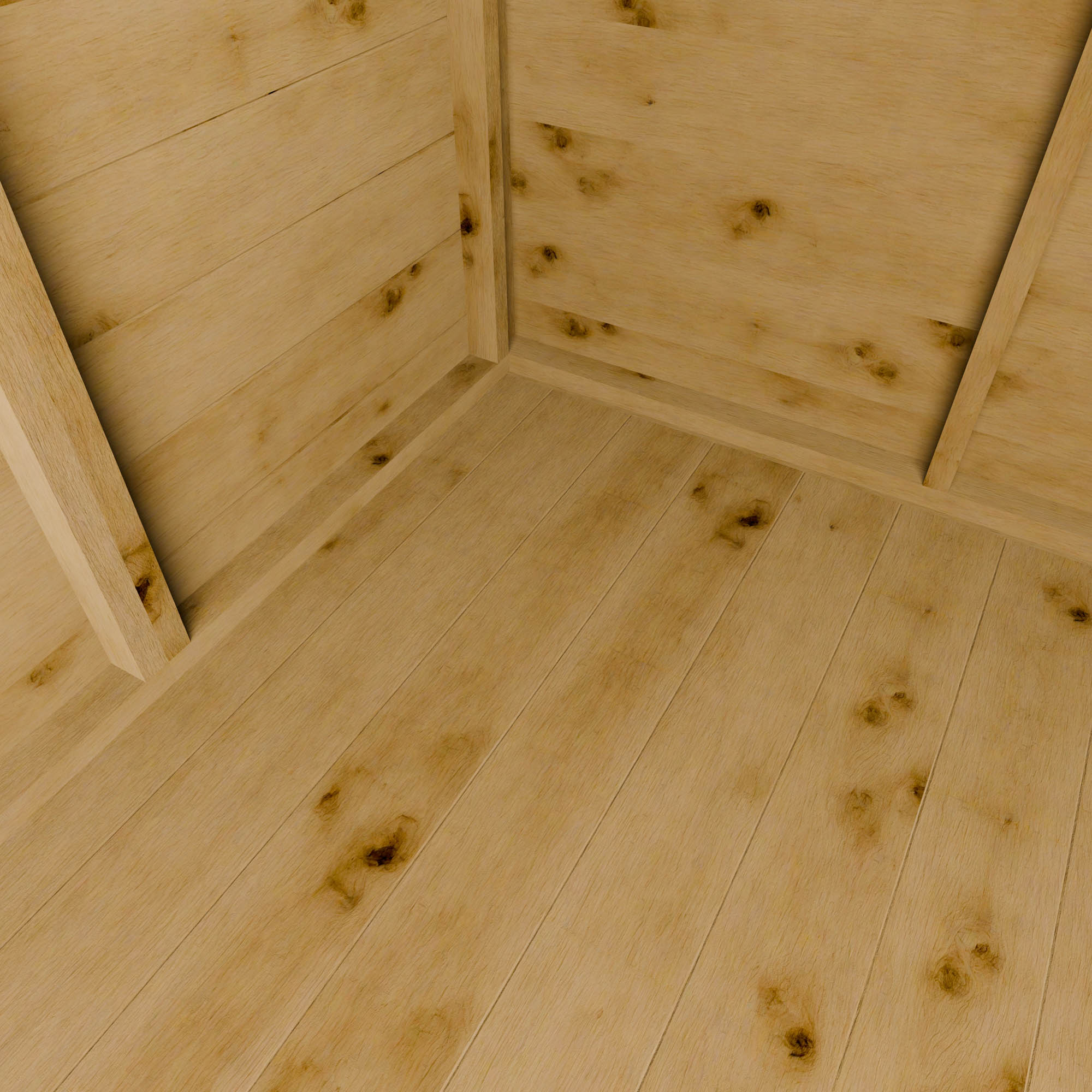 Close-up of a wooden shed interior with visible grain and knots.