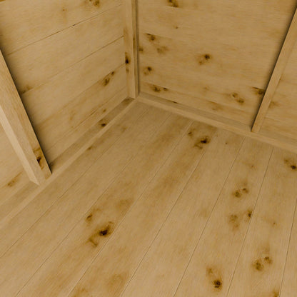 Close-up of a wooden shed interior with visible grain and knots.