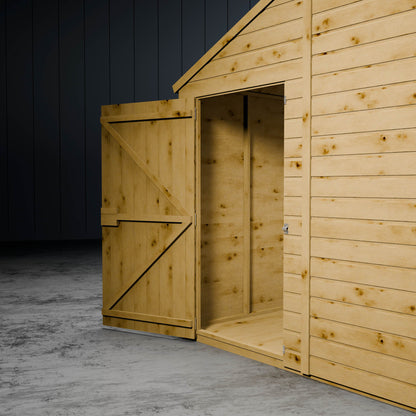 Wooden apex shiplap shed with a single open door in a dark setting.
