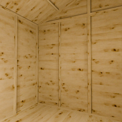 Wooden shed interior with a focus on the wooden panels.