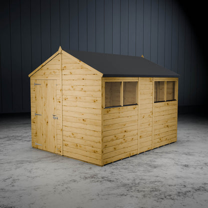 Wooden apex shed with a dark roof against a dark background