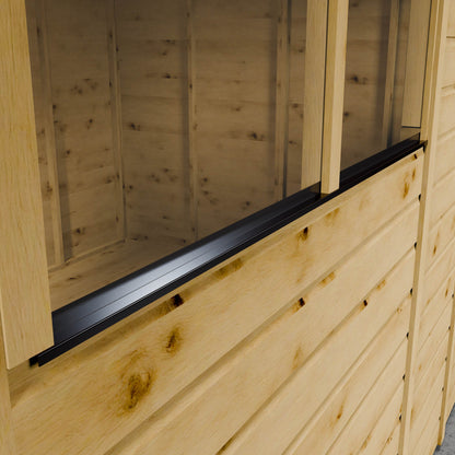 Wooden shiplap shed with styrene window and black strip. 