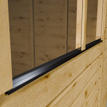 Close-up of a wooden shed with a sliding glass panel