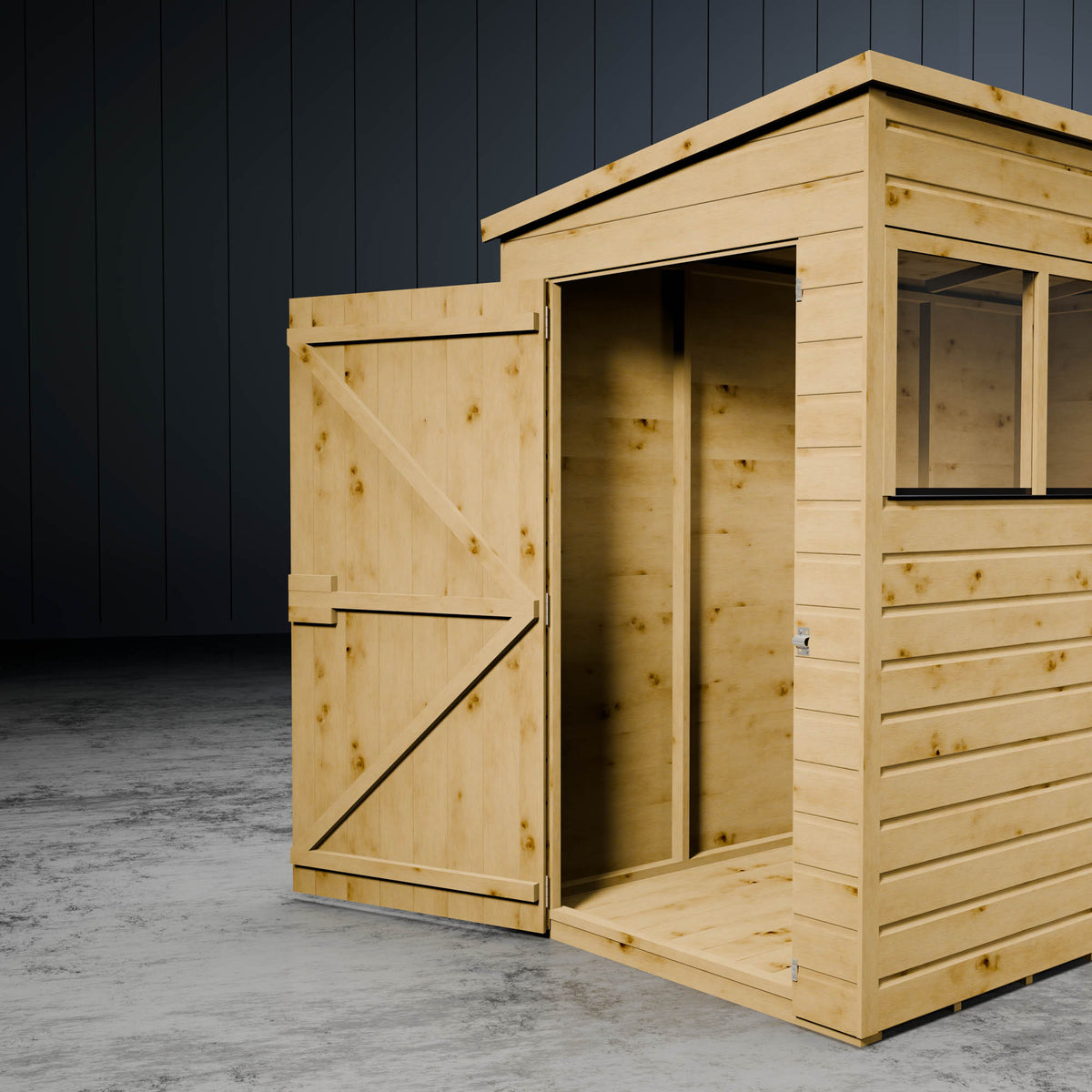 Wooden pent shed with open door against a dark wooden panel background