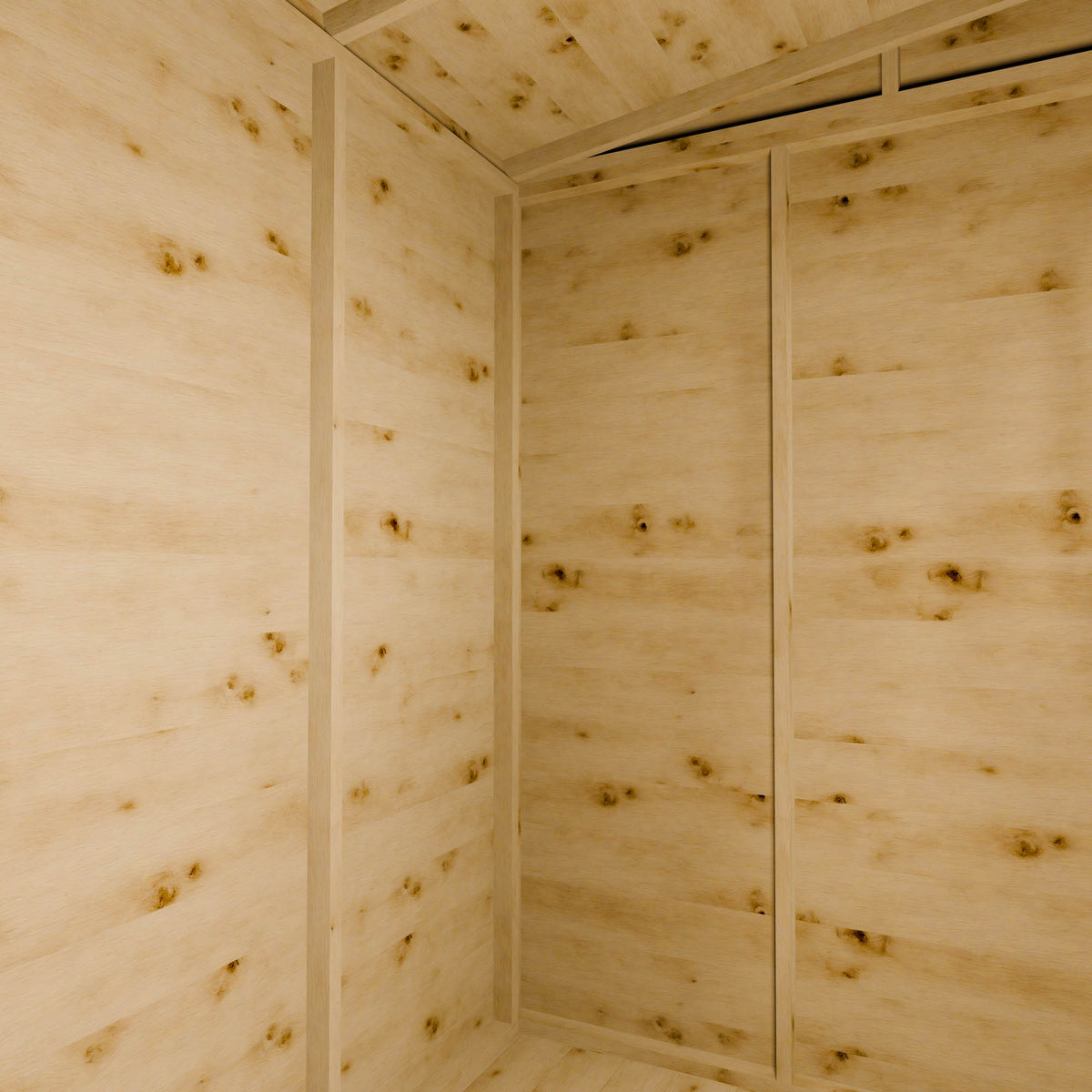 Wooden shed interior with natural wood finish