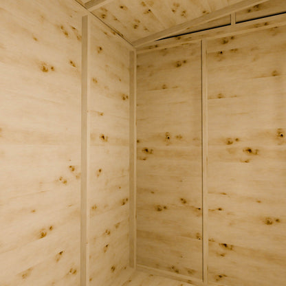 Wooden shed interior with natural wood finish