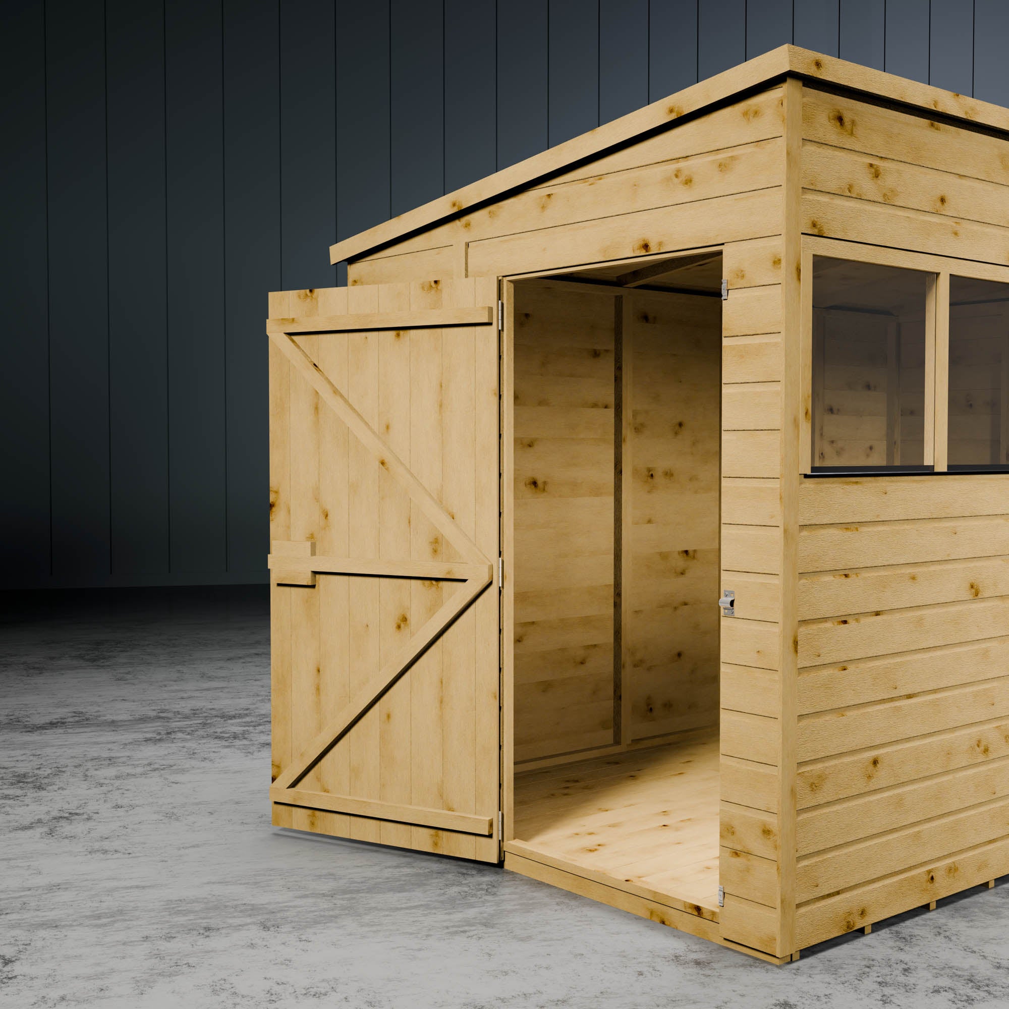 Open door of a wooden shiplap pent shed.