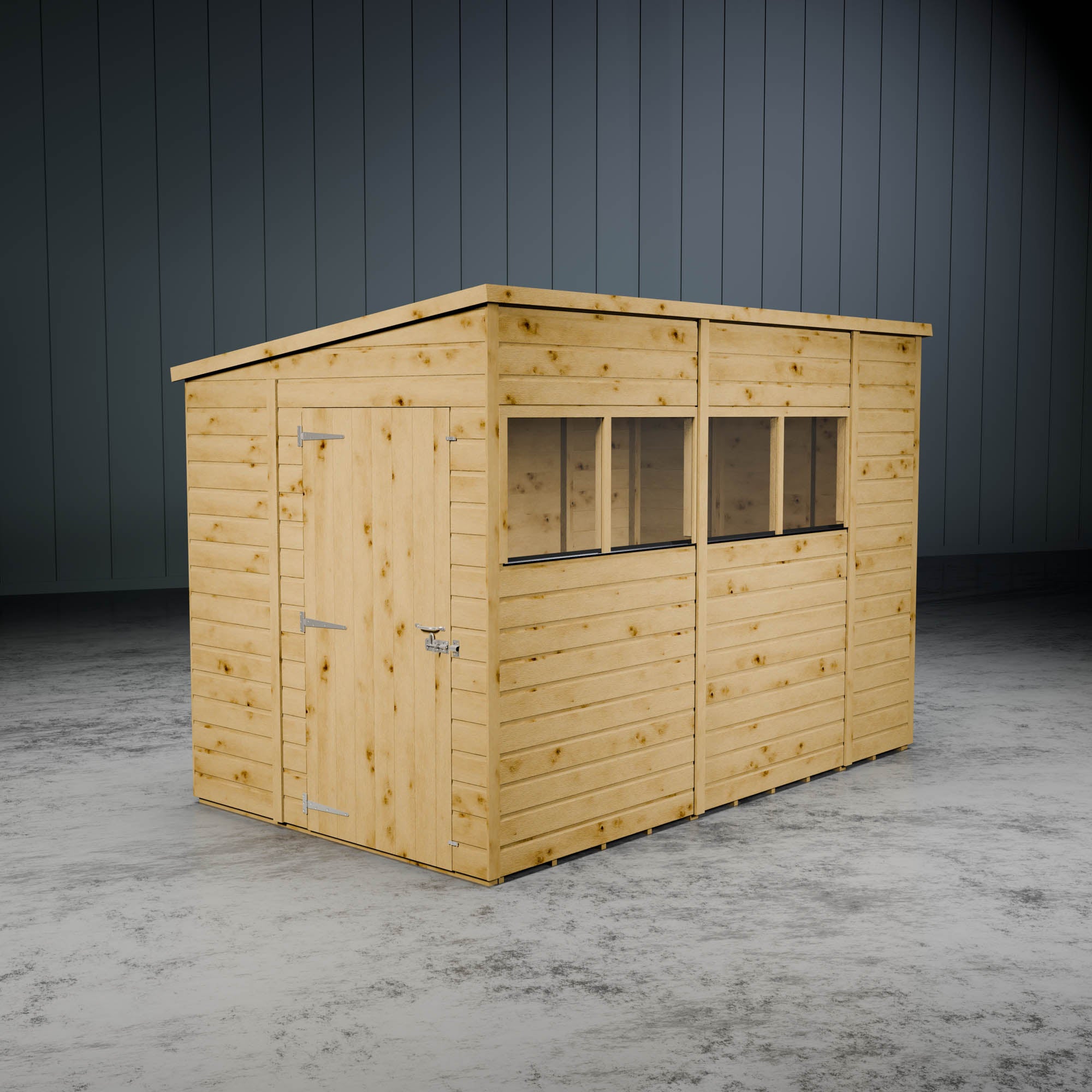 Wooden shiplap pent shed with windows against a dark grey background