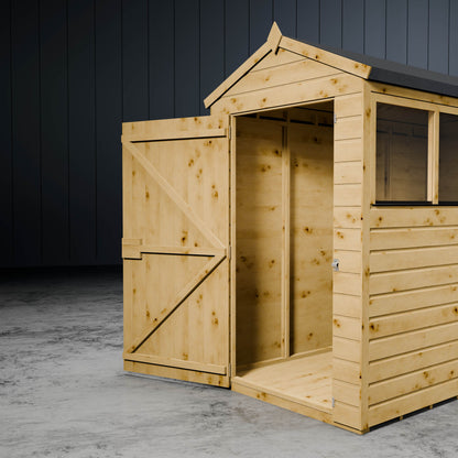 Wooden shiplap apex shed with the Z-frame door open in a metallic setting.
