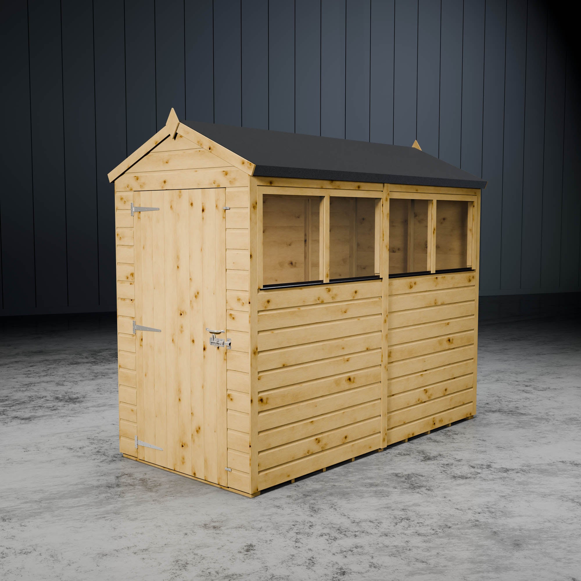 Wooden shiplap apex shed in a metallic setting.