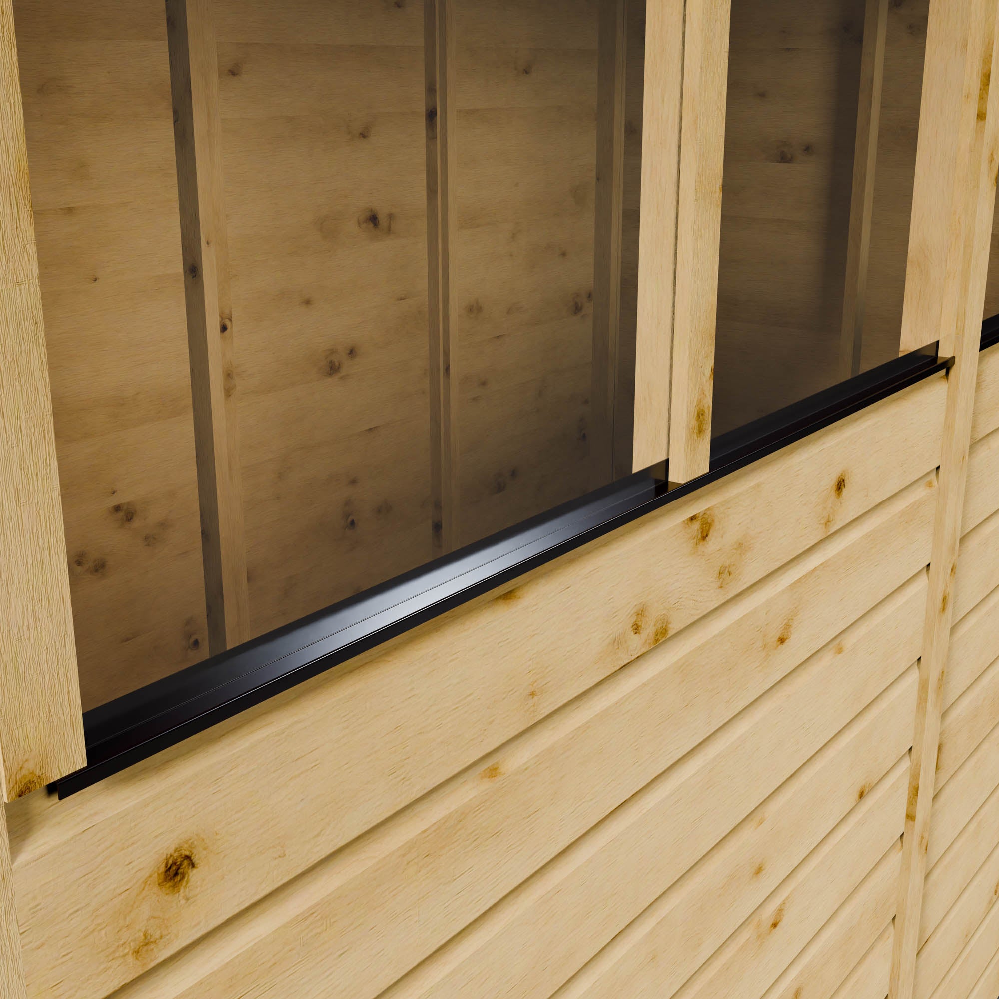 Close-up of a wooden cabin with a styrene window and black weather stripping.