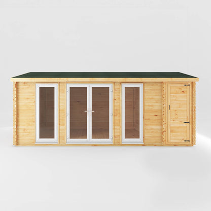 A log cabin with full length upvc windows and side shed