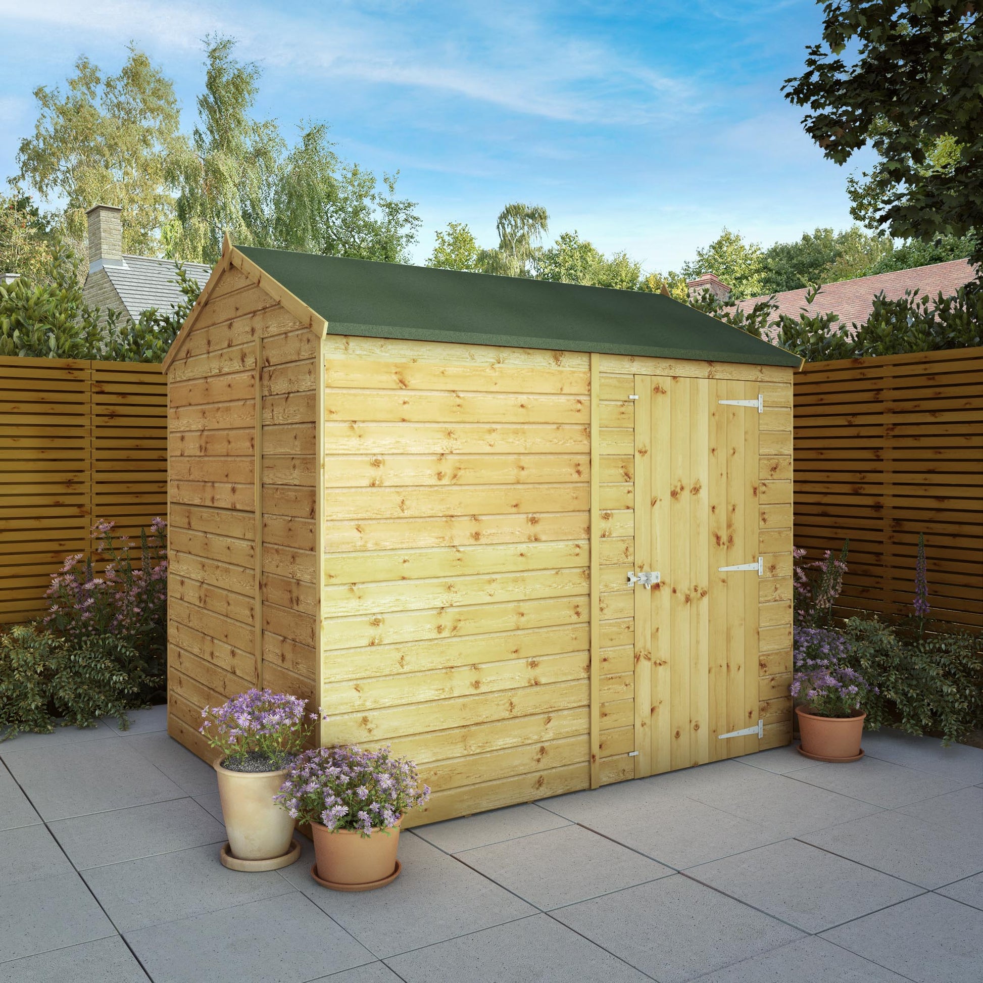 A timber shed without windows and a door on the long edge