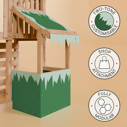 Extended Climbing Frame With Single Swing & Climbing Wall With Shop - Wildroot Ridge V