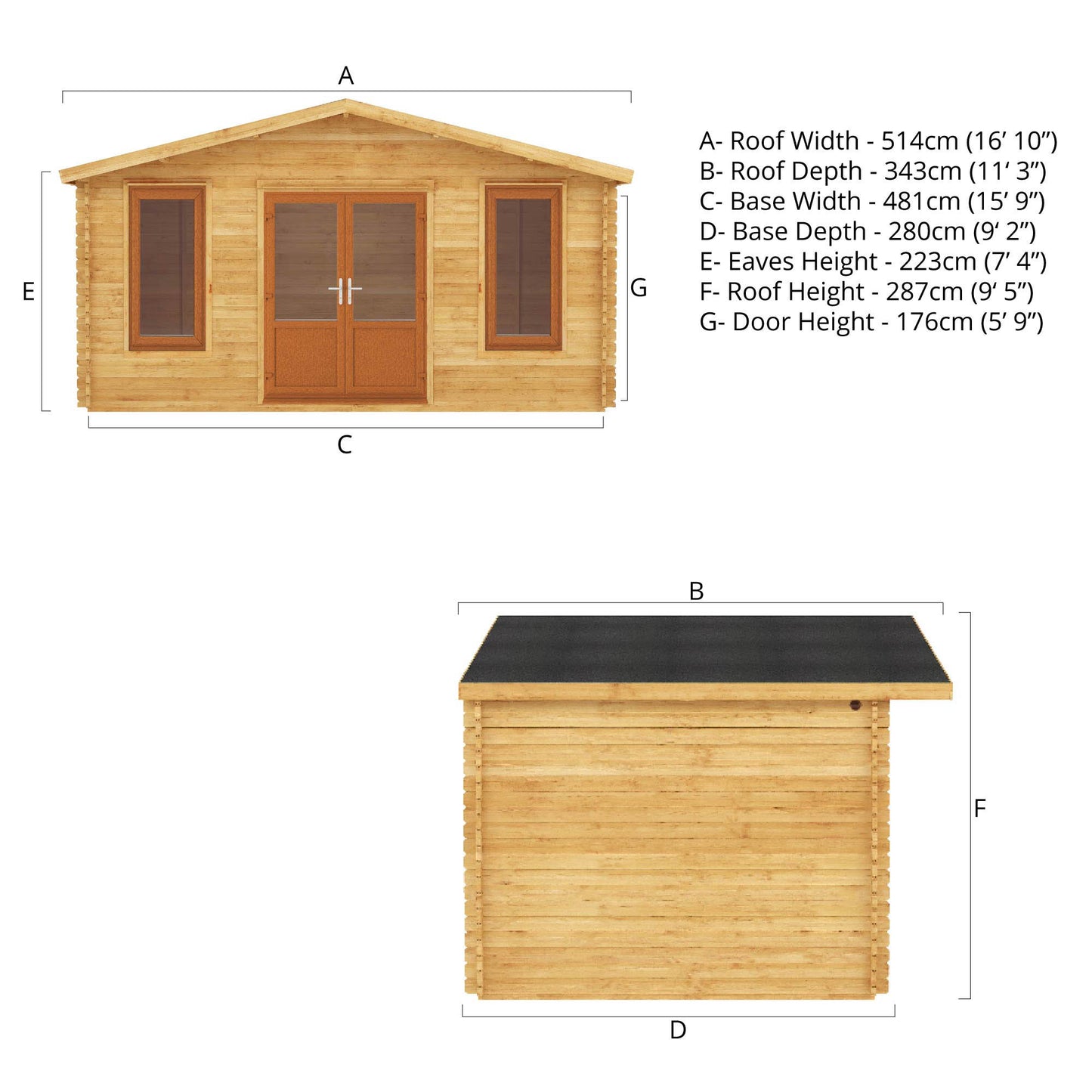 The 5m x 3m Sparrow Log Cabin with Oak UPVC