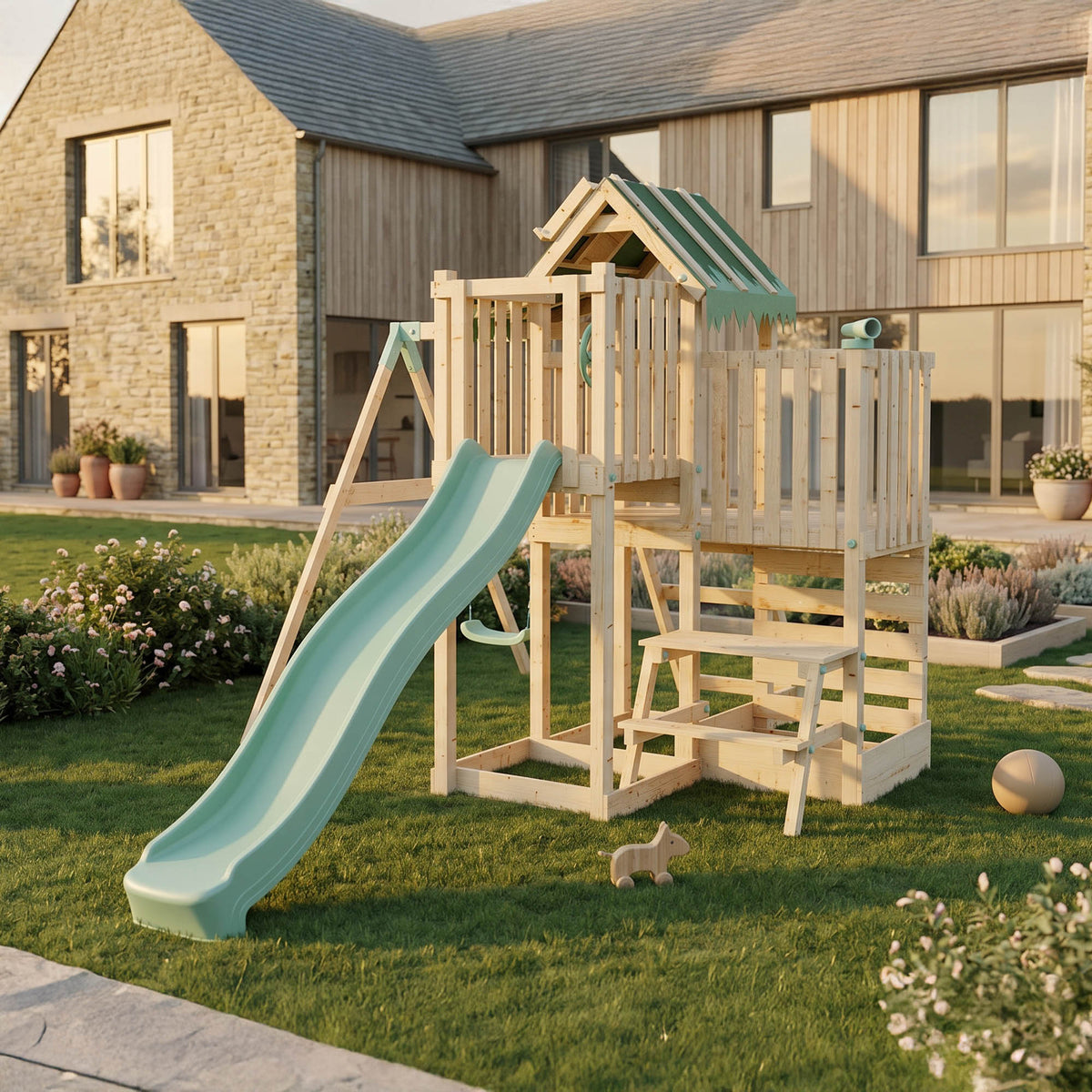 Climbing Frame Single Swing Extended Height Platform & 2.65m Slide & Picnic Table Eldertree Forest Watchtower V