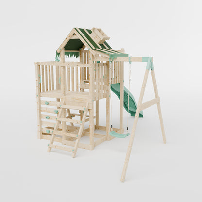 Climbing Frame with Single Swing Extended Height Platform & 2.65m Slide & Picnic Table - Eldertree Forest Watchtower V