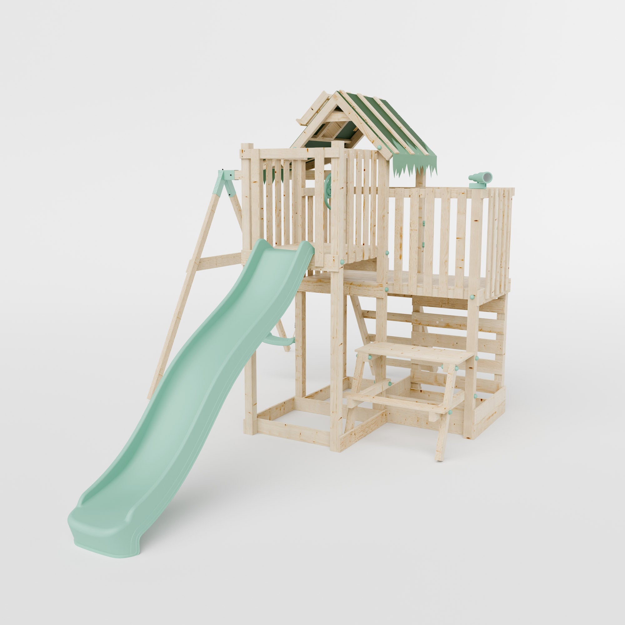 Climbing Frame with Single Swing Extended Height Platform & 2.65m Slide & Picnic Table - Eldertree Forest Watchtower V