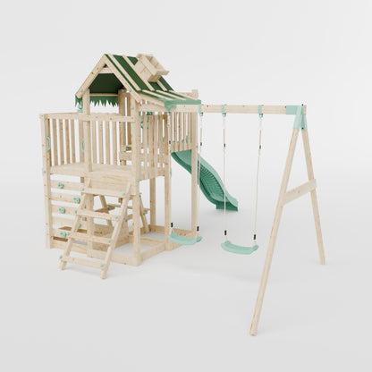 Climbing Frame with Double Swing Extended Height Platform & 2.65m Slide & Picnic Table - Eldertree Forest Watchtower VI