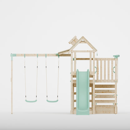 Climbing Frame with Double Swing Extended Height Platform & 2.65m Slide & Picnic Table - Eldertree Forest Watchtower VI