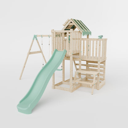 Climbing Frame with Double Swing Extended Height Platform & 2.65m Slide & Picnic Table - Eldertree Forest Watchtower VI