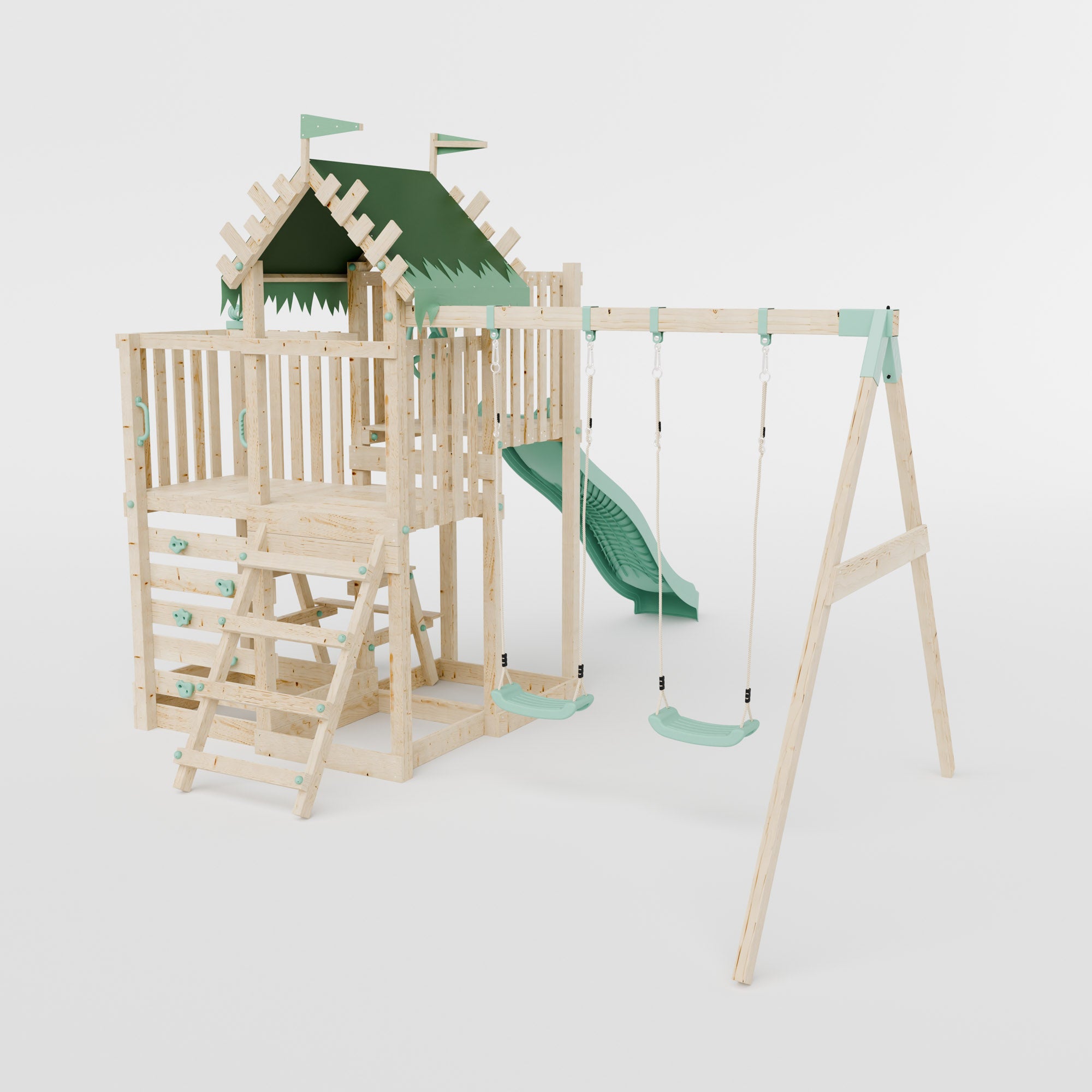 Climbing Frame with Double Swing Extended Height Platform & 2.65m Slide & Picnic Table - Enchanted Grove Watchtower VI