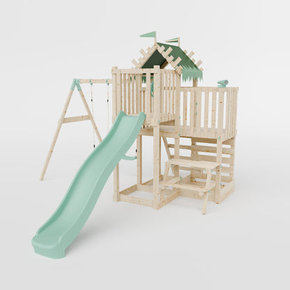 Climbing Frame with Double Swing Extended Height Platform & 2.65m Slide & Picnic Table - Enchanted Grove Watchtower VI