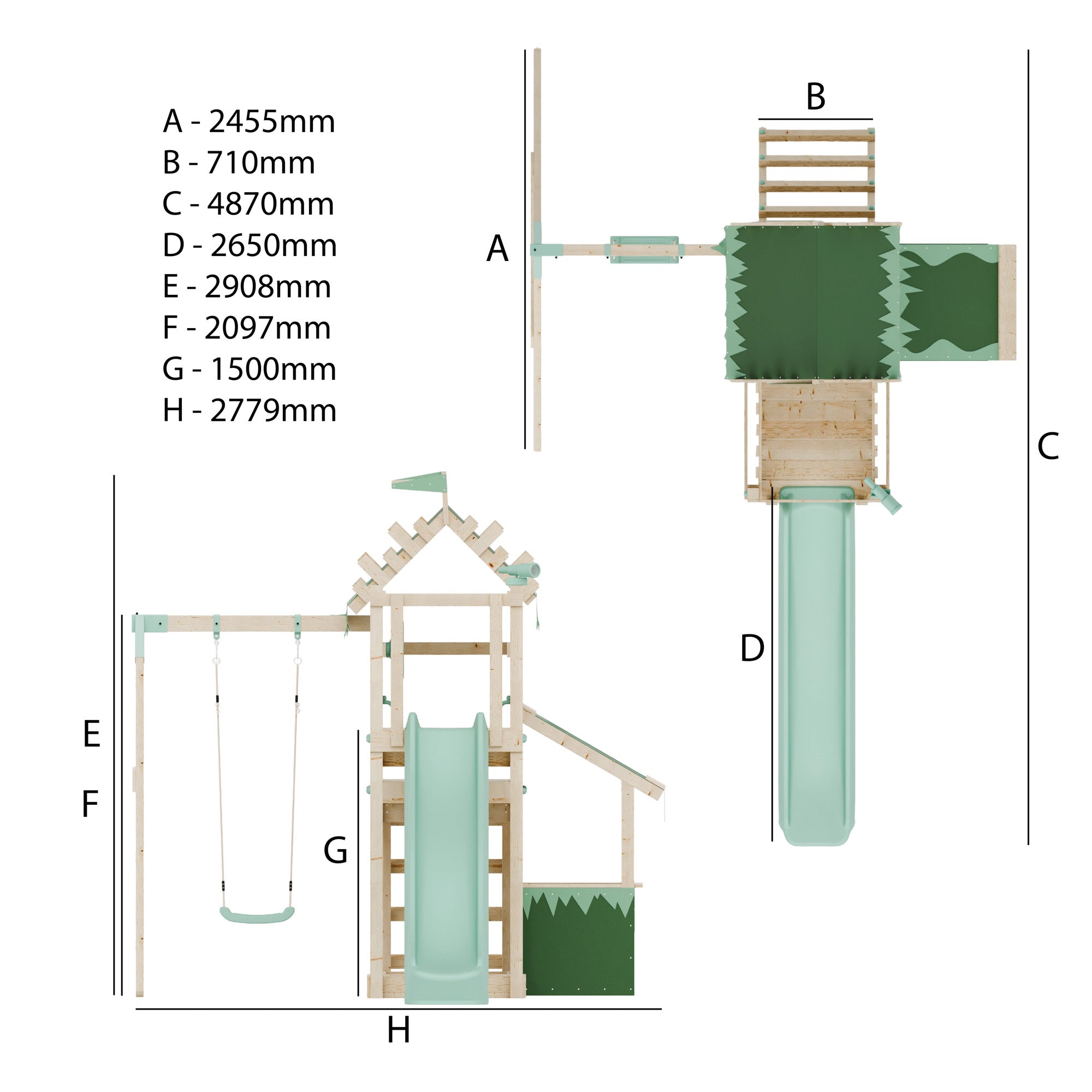 Climbing Frame with Single Swing Extended Height Platform & 2.65m Slide & Shop - Enchanted Grove Watchtower VIII