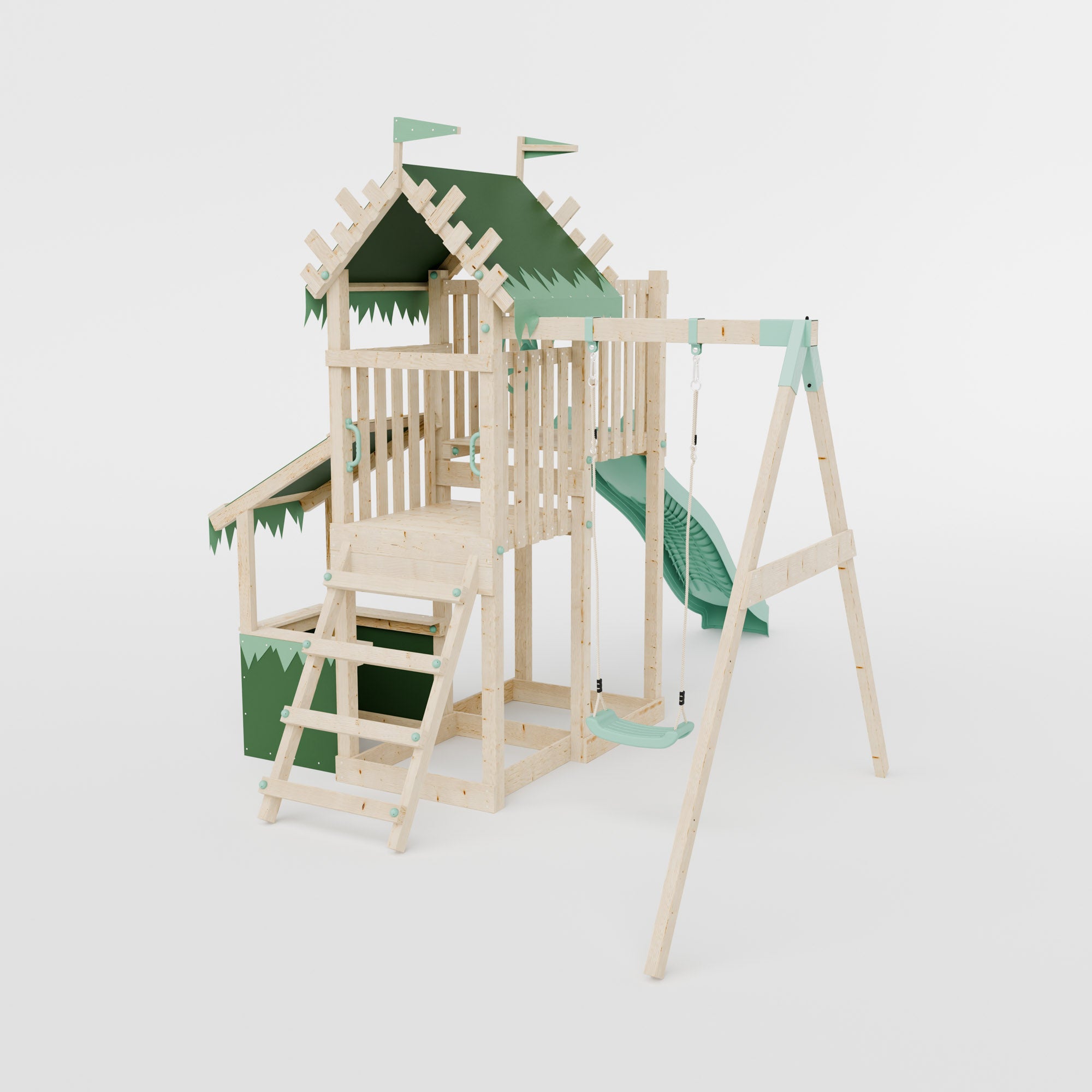 Climbing Frame with Single Swing Extended Height Platform & 2.65m Slide & Shop - Enchanted Grove Watchtower VIII