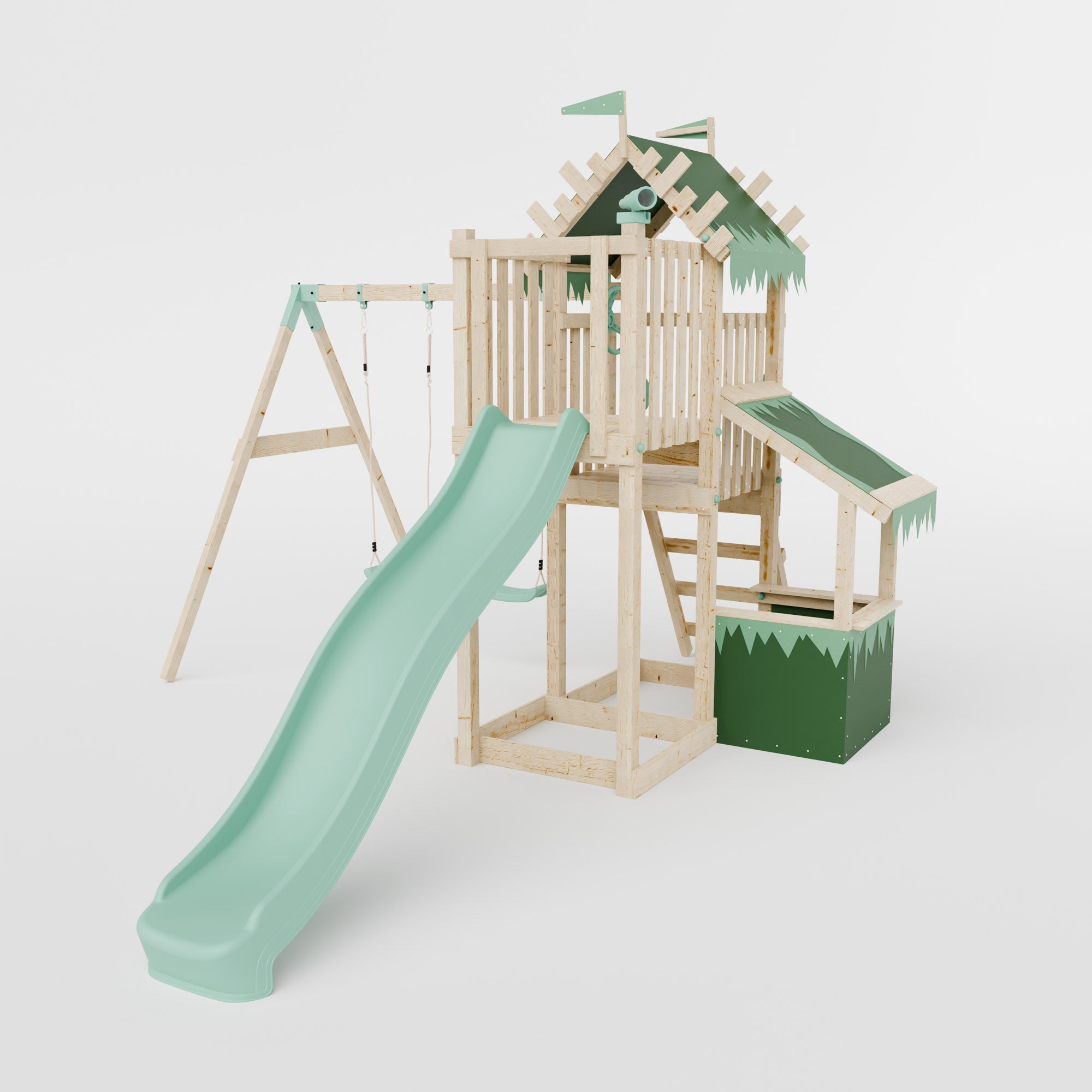Climbing Frame with Double Swing Extended Height Platform & 2.65m Slide & Shop - Enchanted Grove Watchtower IX