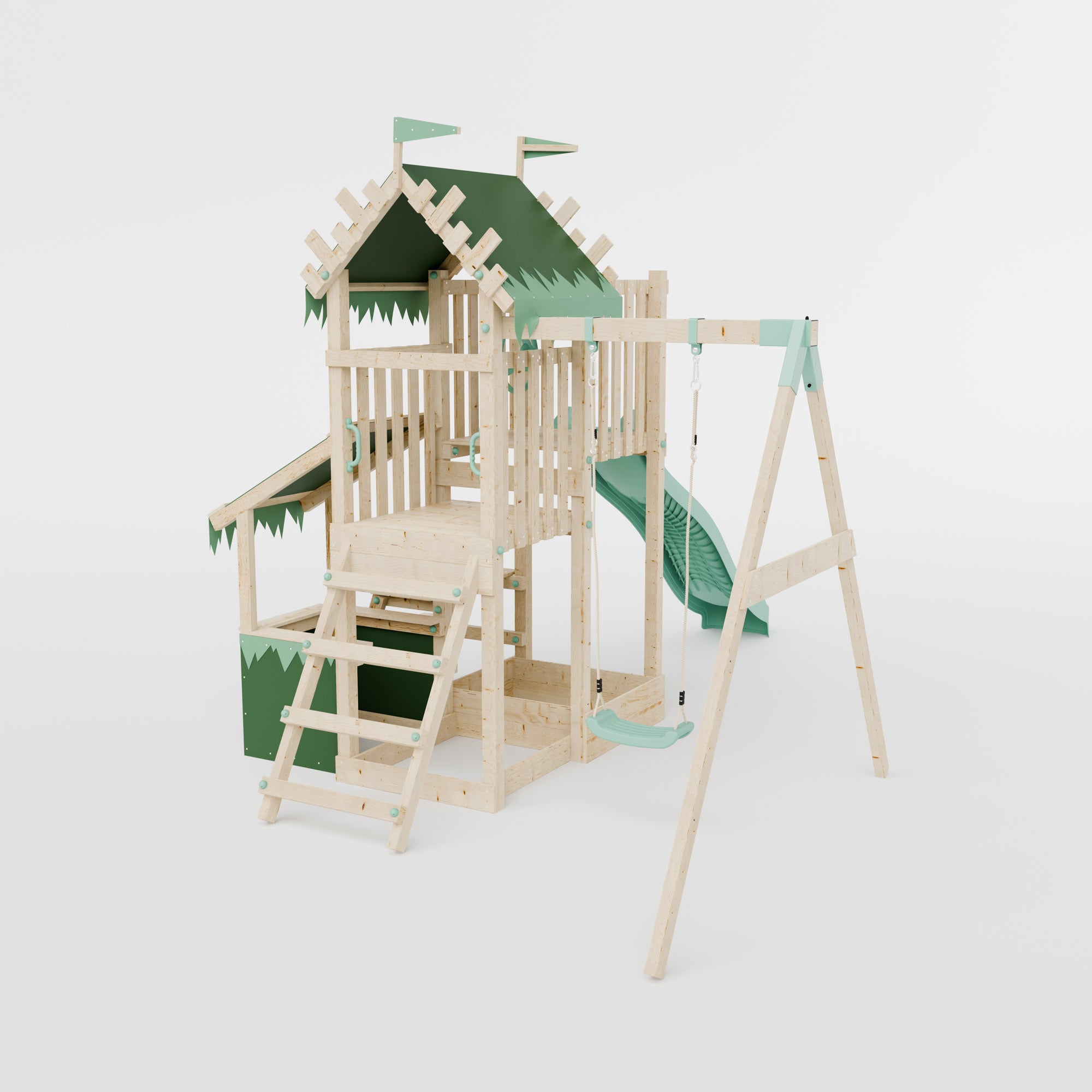 Climbing Frame with Single Swing Extended Height Platform & 2.65m Slide & Shop & Picnic Table - Enchanted Grove Watchtower X