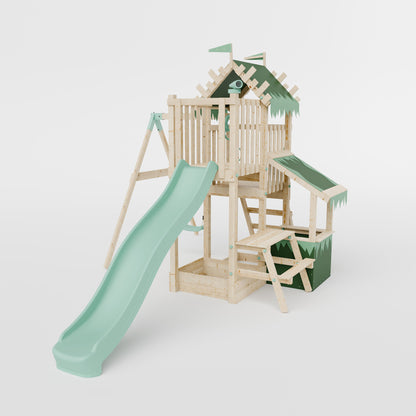 Climbing Frame with Single Swing Extended Height Platform & 2.65m Slide & Shop & Picnic Table - Enchanted Grove Watchtower X