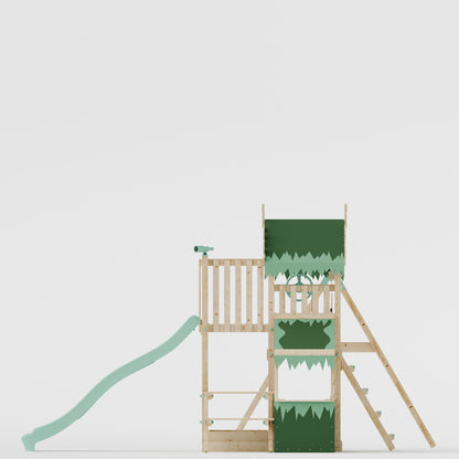 Climbing Frame with Single Swing Extended Height Platform & 2.65m Slide & Shop & Picnic Table - Enchanted Grove Watchtower X