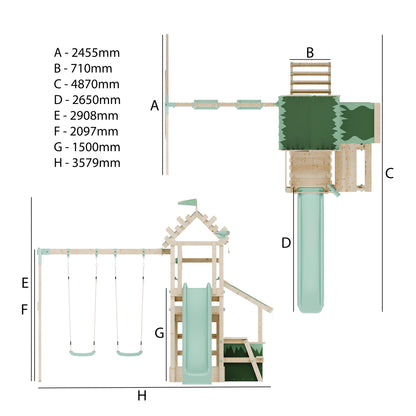 Climbing Frame with Double Swing Extended Height Platform & 2.65m Slide & Shop & Picnic Table - Enchanted Grove Watchtower XI