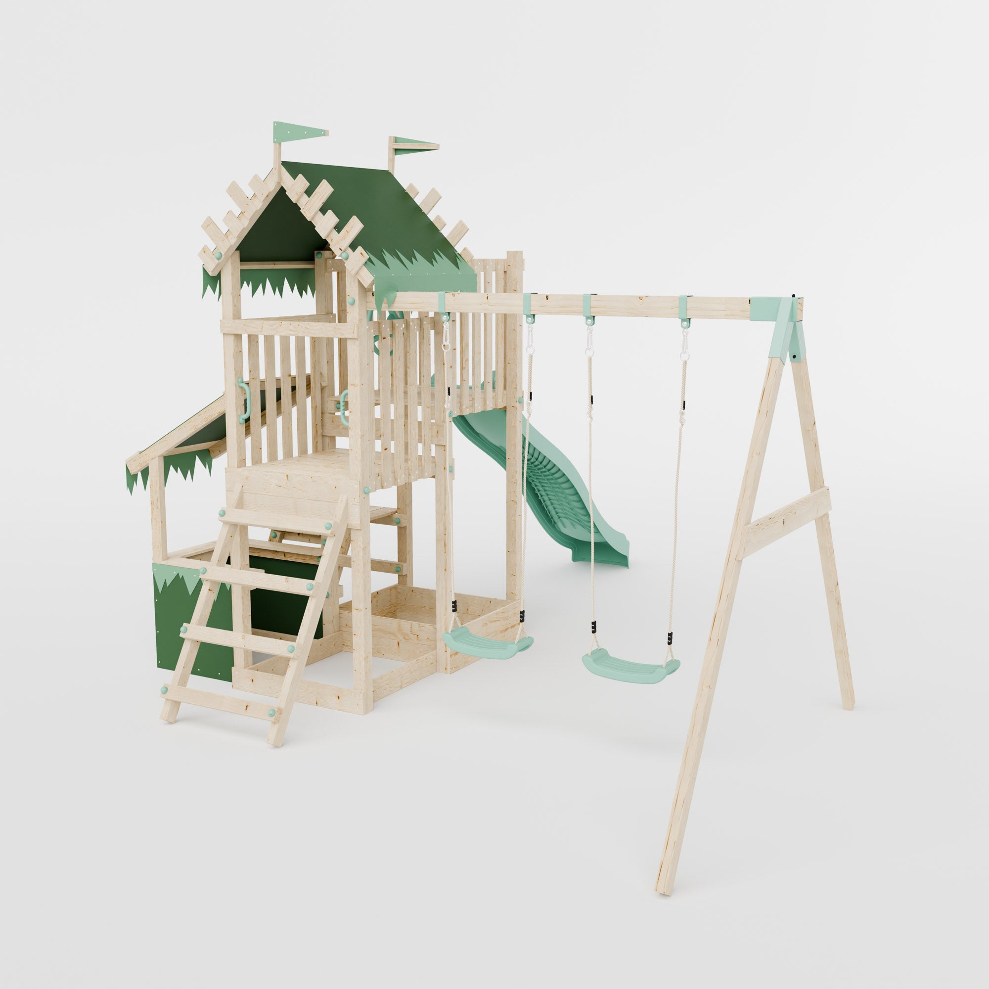Climbing Frame with Double Swing Extended Height Platform & 2.65m Slide & Shop & Picnic Table - Enchanted Grove Watchtower XI