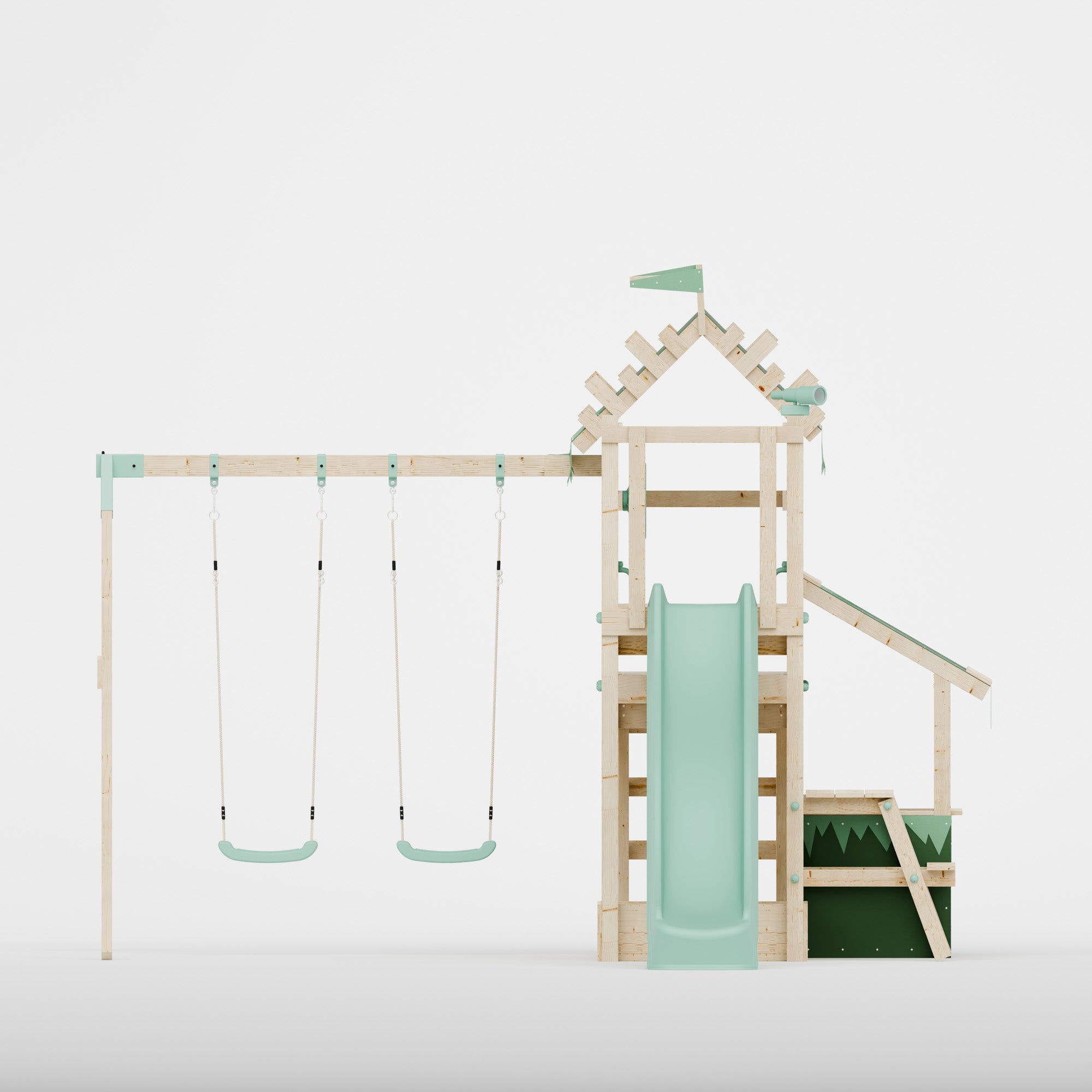 Climbing Frame with Double Swing Extended Height Platform & 2.65m Slide & Shop & Picnic Table - Enchanted Grove Watchtower XI