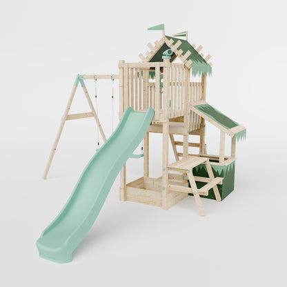 Climbing Frame with Double Swing Extended Height Platform & 2.65m Slide & Shop & Picnic Table - Enchanted Grove Watchtower XI