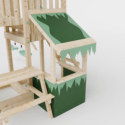Climbing Frame with Double Swing Extended Height Platform & 2.65m Slide & Shop & Picnic Table - Enchanted Grove Watchtower XI