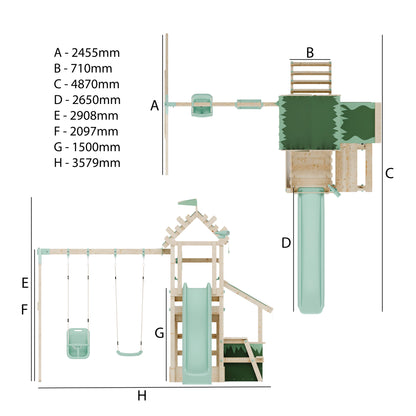 Climbing Frame with Double Swing Extended Height Platform & 2.65m Slide & Shop & Picnic Table - Enchanted Grove Watchtower XII