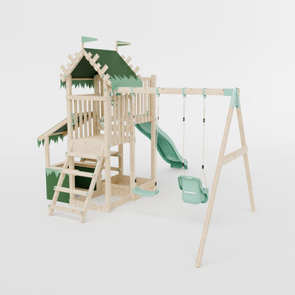 Climbing Frame with Double Swing Extended Height Platform & 2.65m Slide & Shop & Picnic Table - Enchanted Grove Watchtower XII