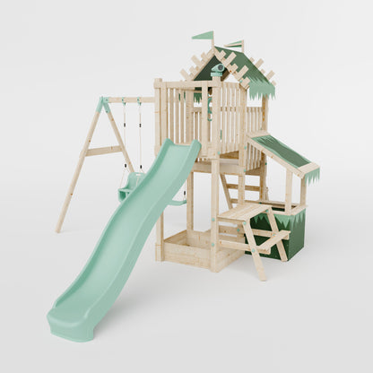 Climbing Frame with Double Swing Extended Height Platform & 2.65m Slide & Shop & Picnic Table - Enchanted Grove Watchtower XII