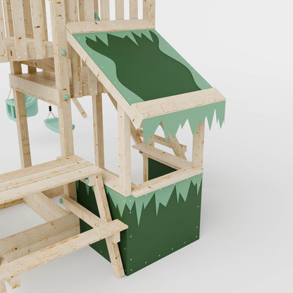 Climbing Frame with Double Swing Extended Height Platform & 2.65m Slide & Shop & Picnic Table - Enchanted Grove Watchtower XII